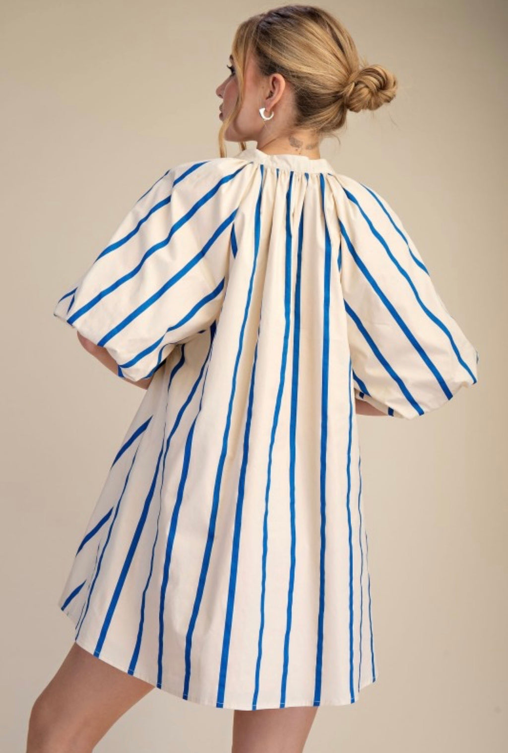 Cream & Blue Striped Puff Sleeve Mini Dress | Relaxed Fit With Pockets