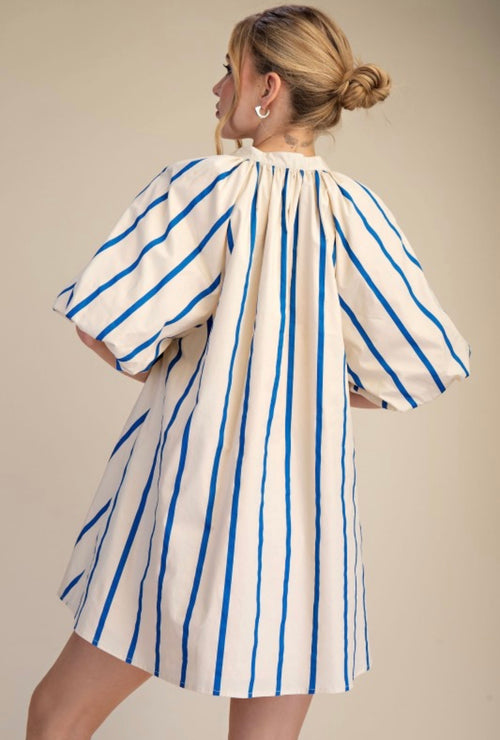 Cream & Blue Striped Puff Sleeve Mini Dress | Relaxed Fit With Pockets