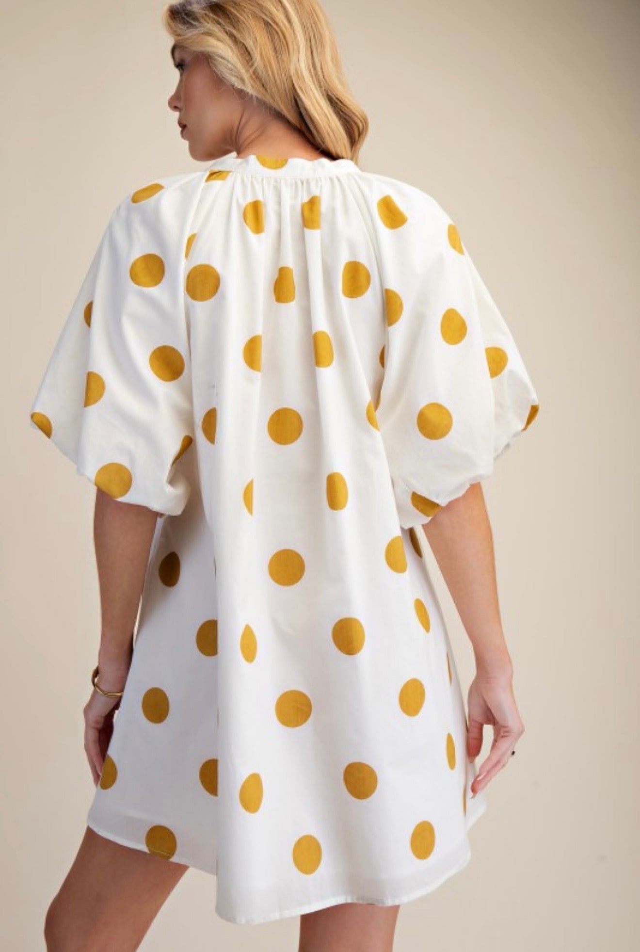 Mustard Polka Dot Mini Dress – Lightweight Puff Sleeve Babydoll Dress