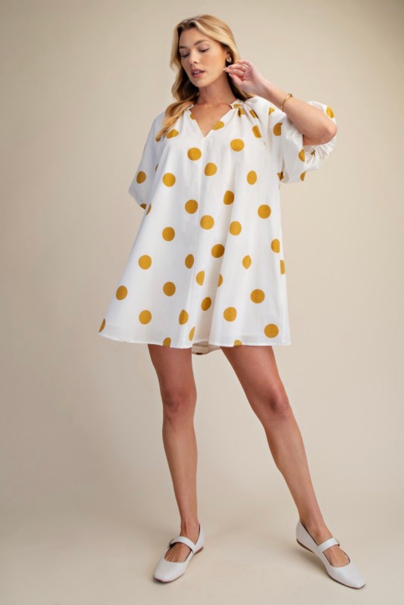 Mustard Polka Dot Mini Dress – Lightweight Puff Sleeve Babydoll Dress