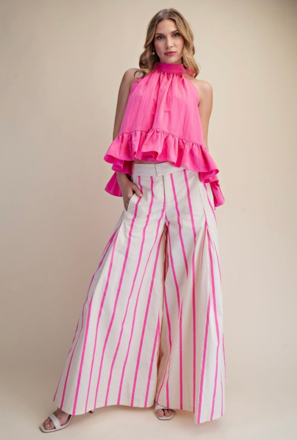 Pink Striped Wide-Leg Pants