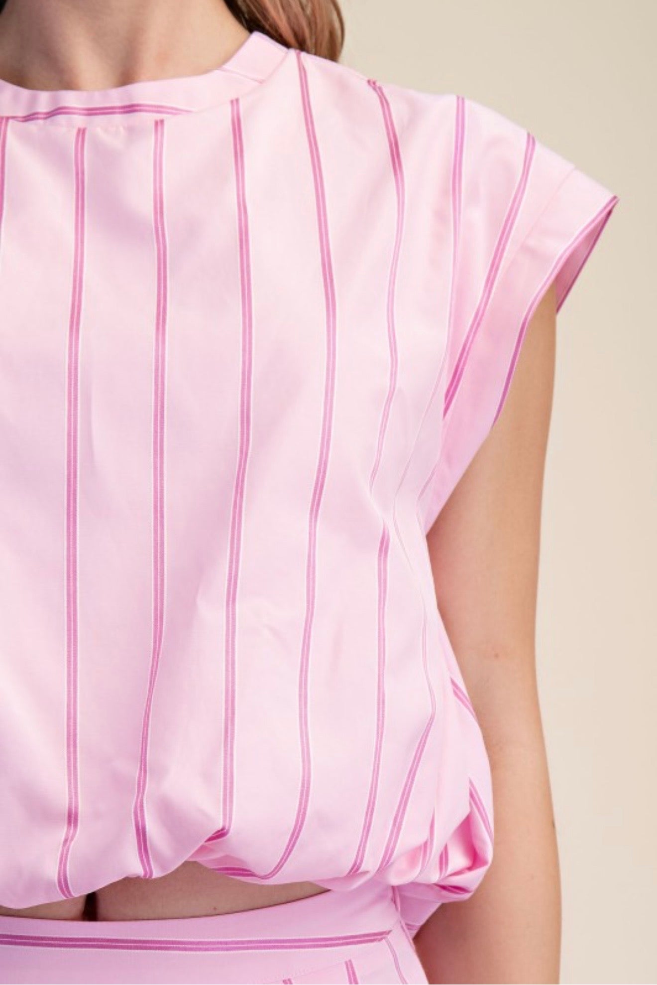 Pink Pinstripe Two-Piece Skirt Set | Bubble Hem Top & Midi Skirt