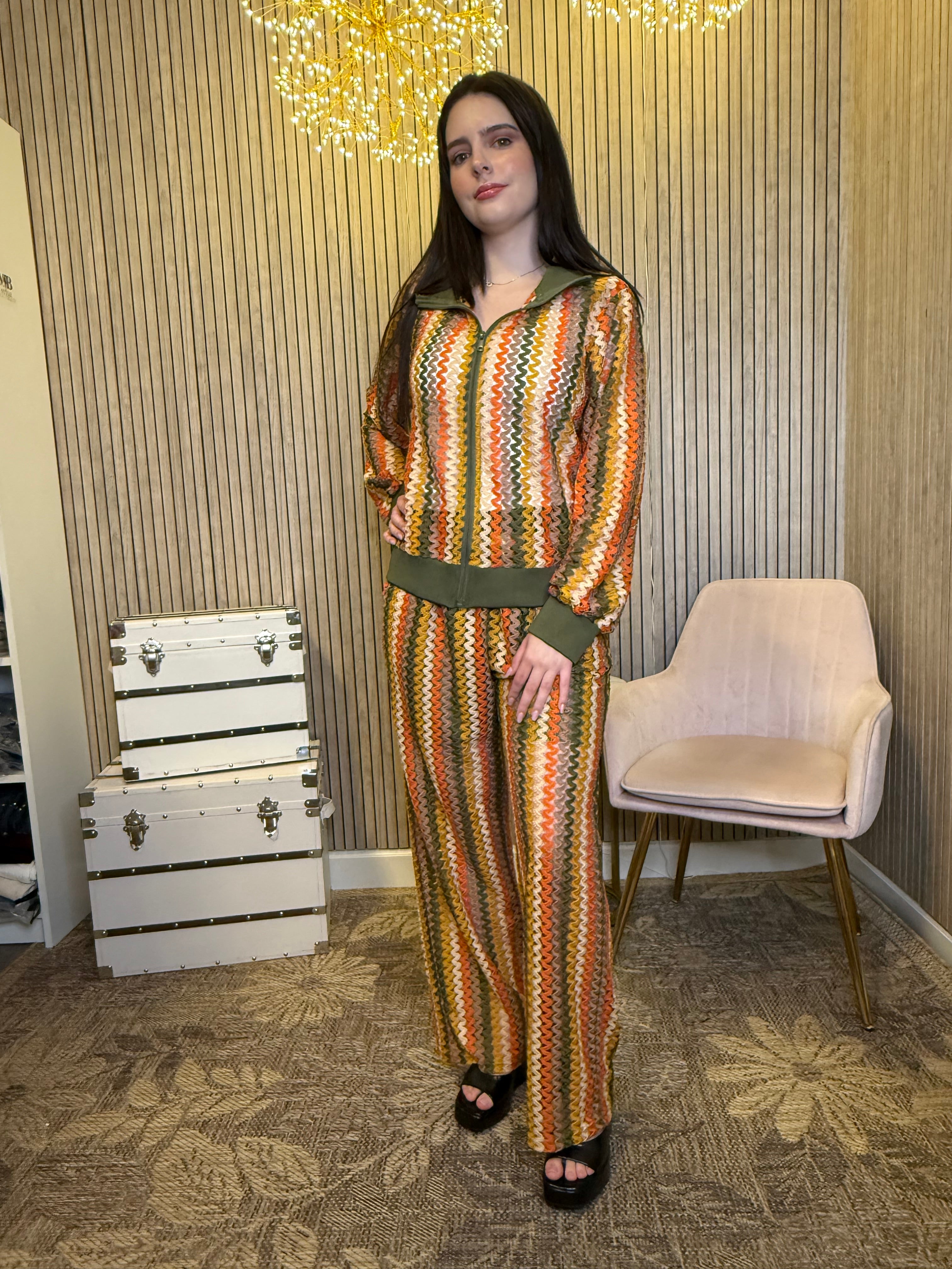 Women’s Multicolor Crochet Knit 2-Piece Set – Zip-Up Jacket & Wide Leg Pants