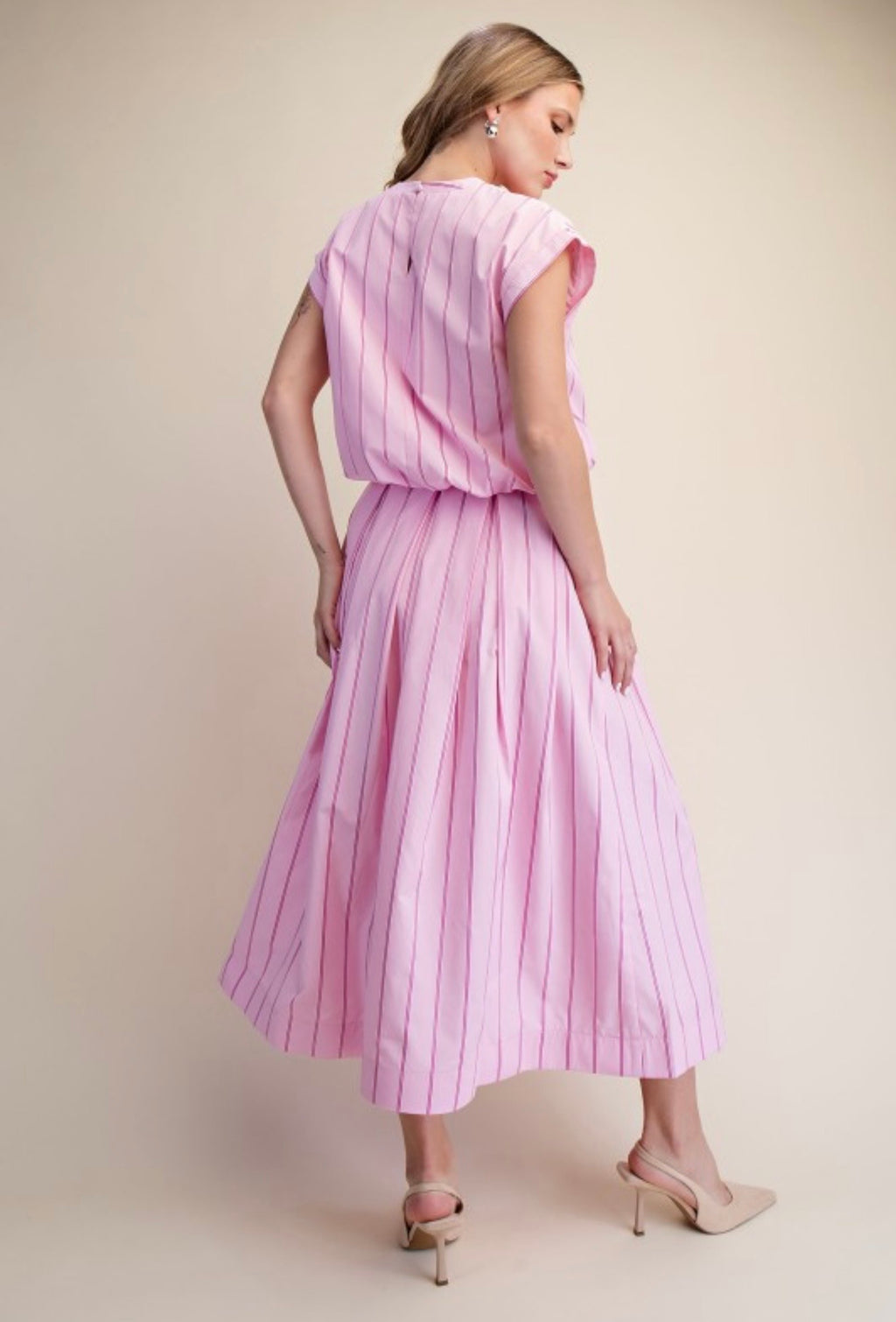Pink Pinstripe Two-Piece Skirt Set | Bubble Hem Top & Midi Skirt
