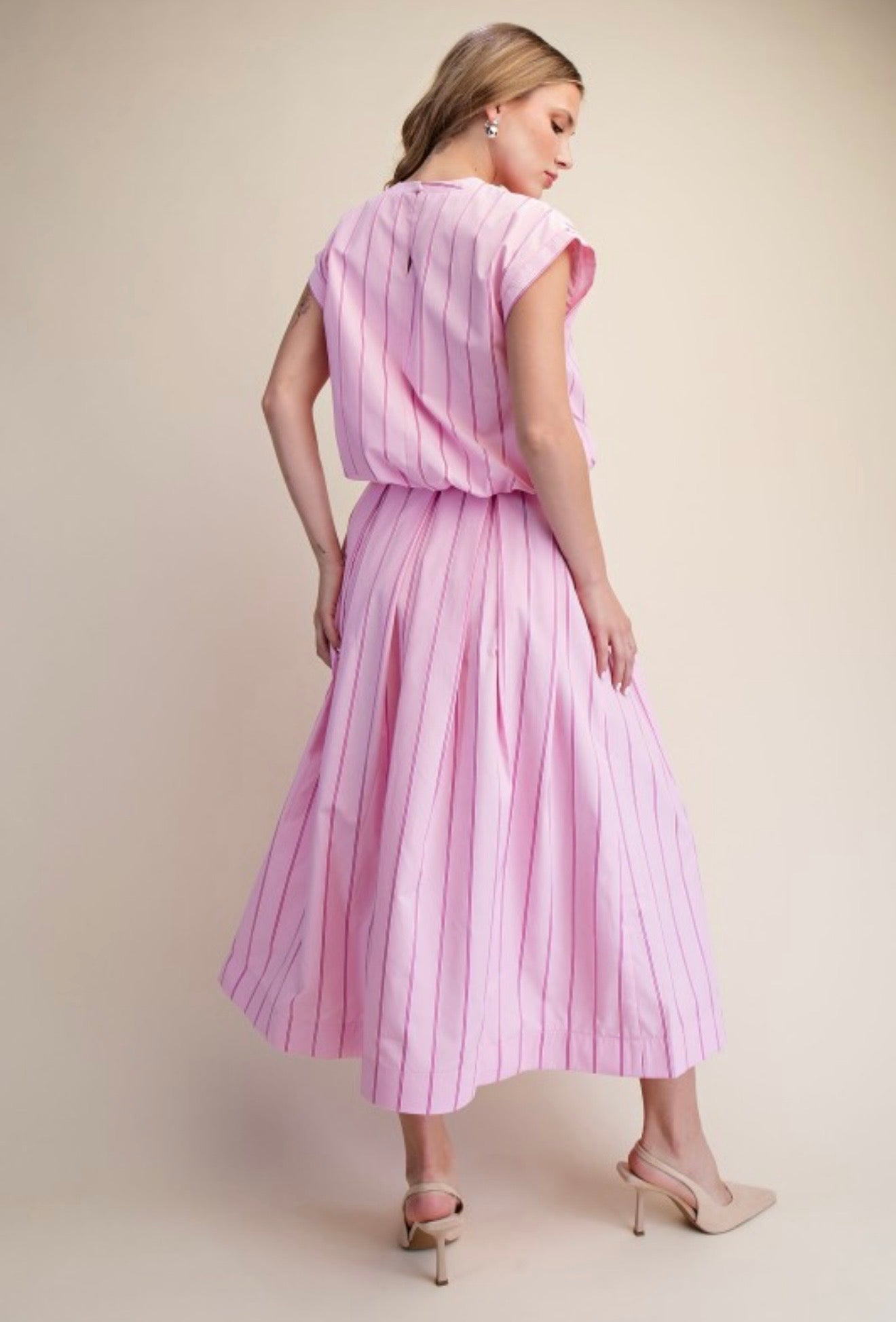 Pink Pinstripe Two-Piece Skirt Set | Bubble Hem Top & Midi Skirt