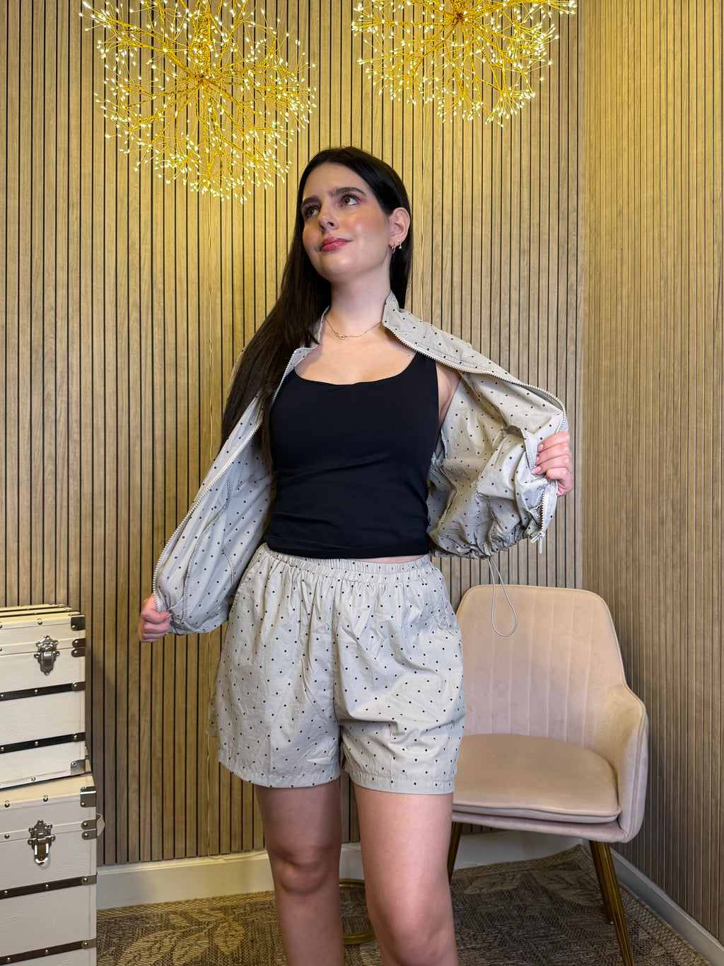 Women’s Gray Polka Dot Zip-Up Jacket & Shorts 2-Piece Set