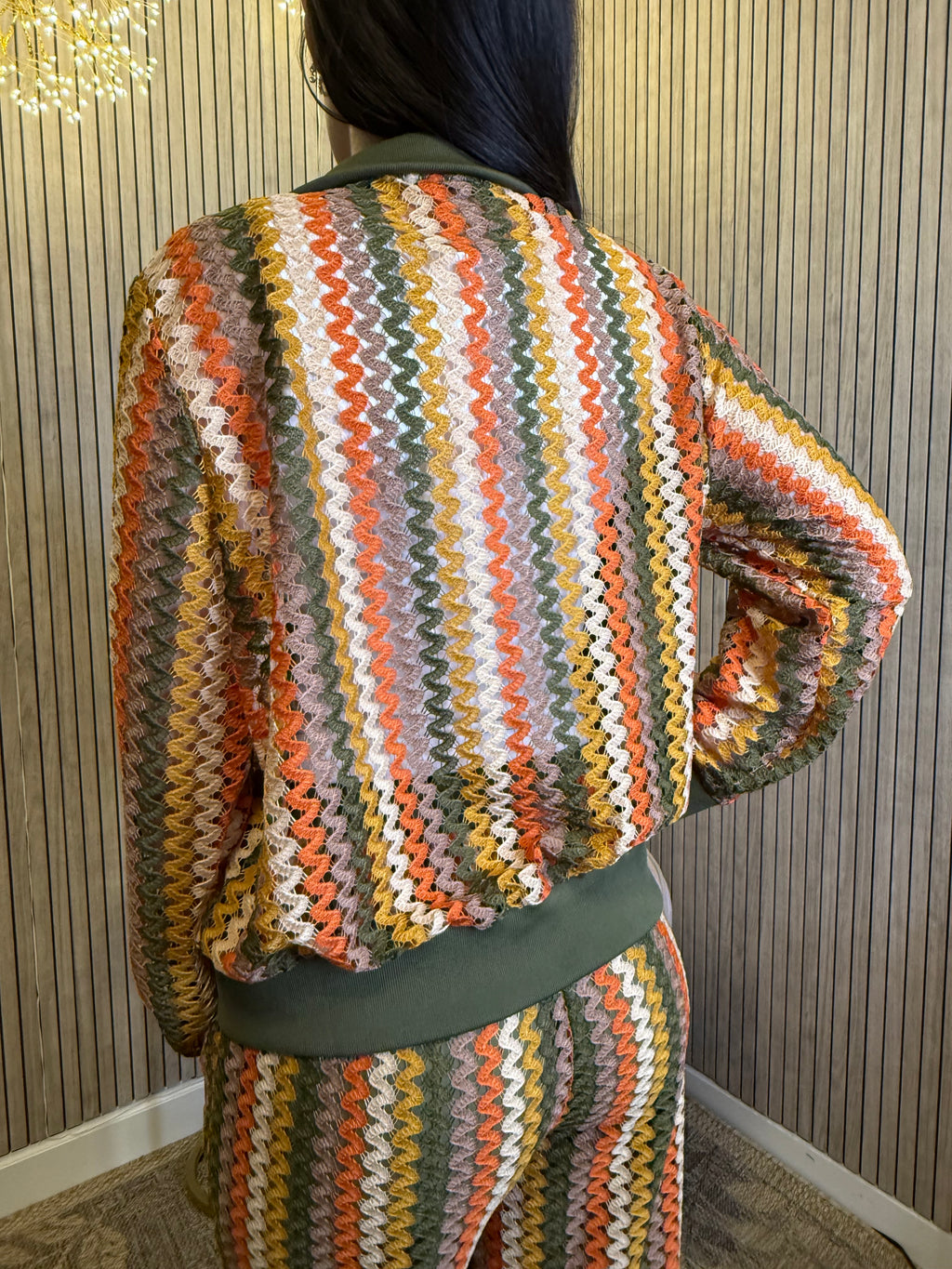 Women’s Multicolor Crochet Knit 2-Piece Set – Zip-Up Jacket & Wide Leg Pants