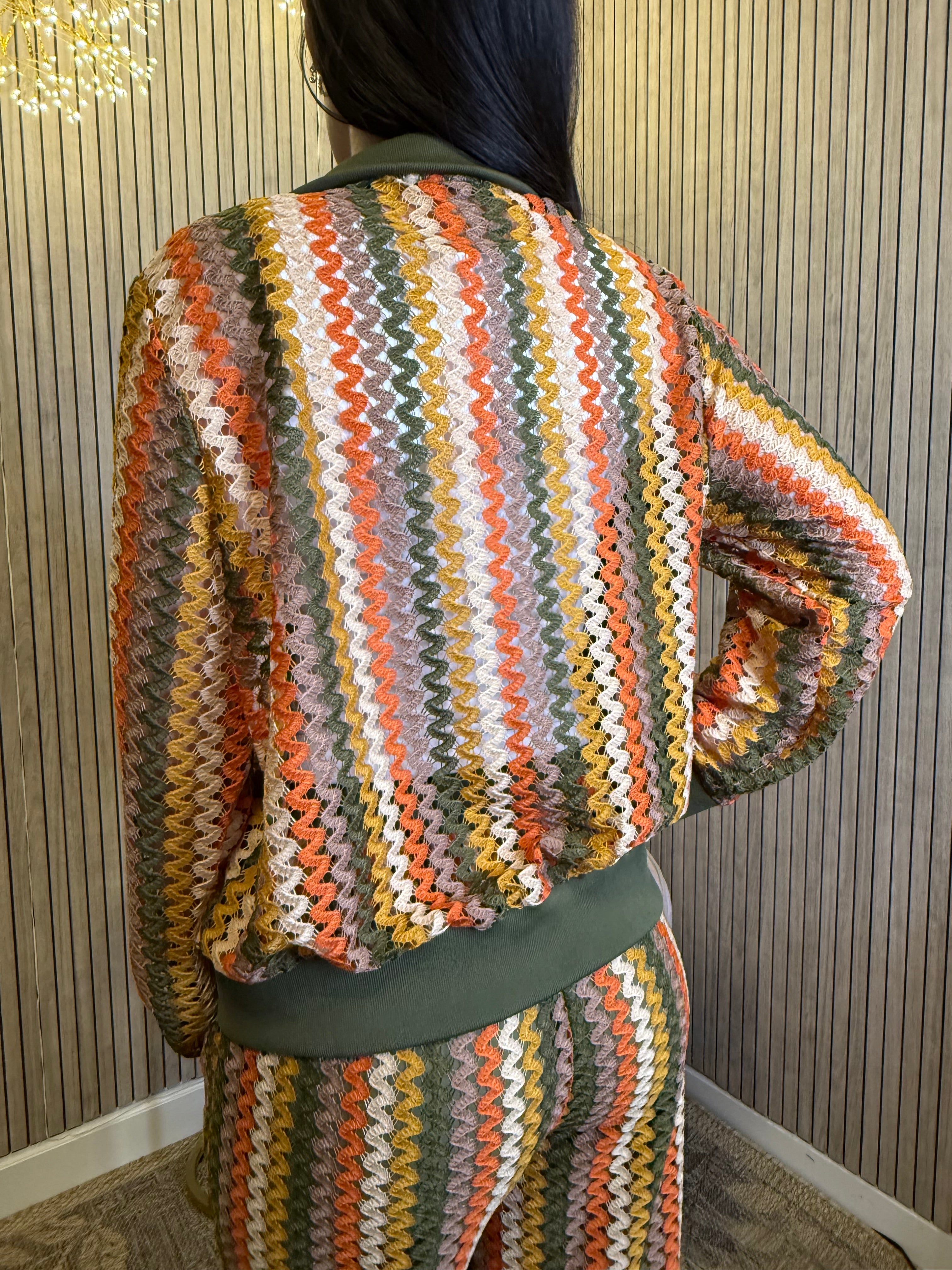 Women’s Multicolor Crochet Knit 2-Piece Set – Zip-Up Jacket & Wide Leg Pants