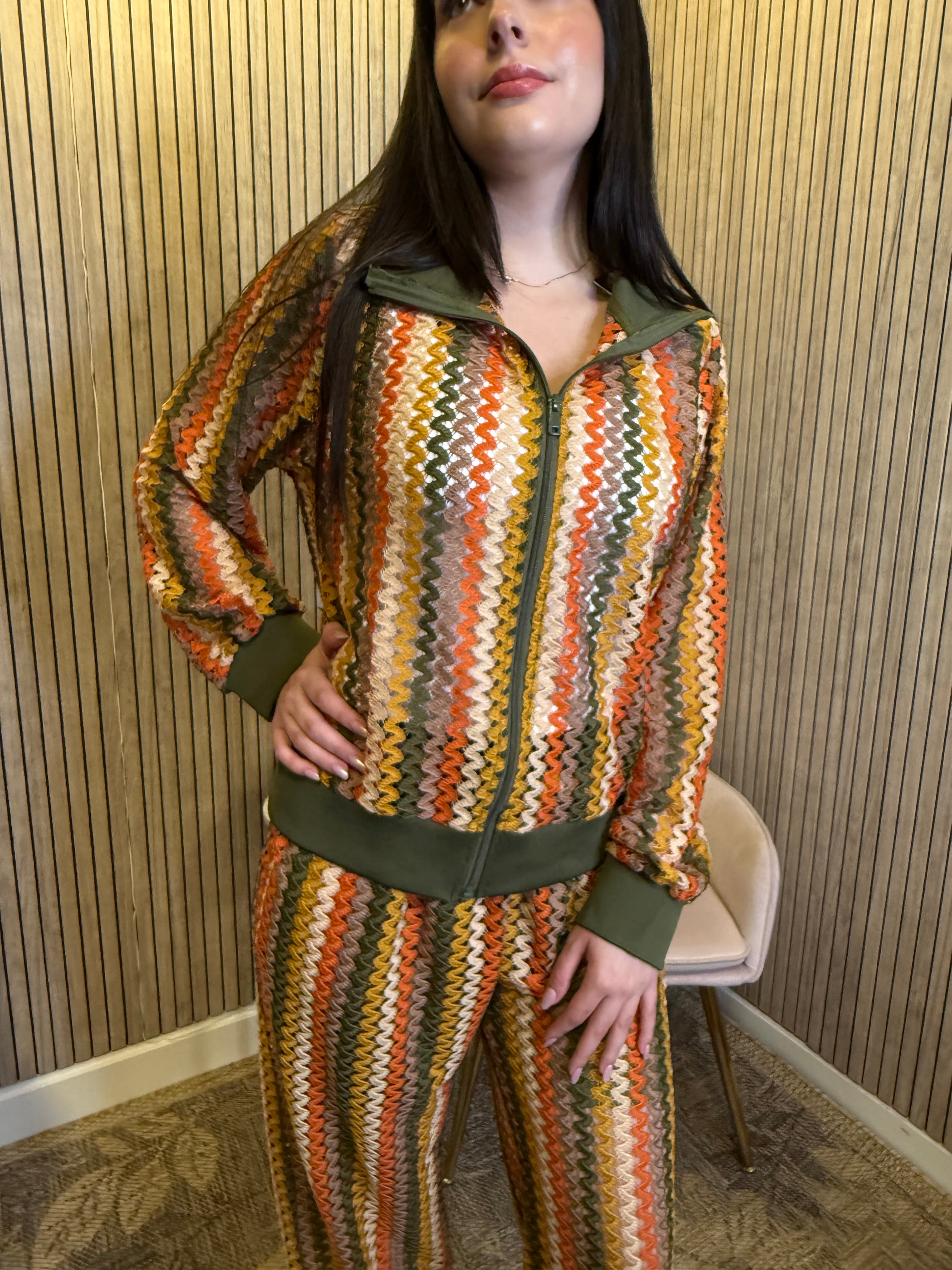 Women’s Multicolor Crochet Knit 2-Piece Set – Zip-Up Jacket & Wide Leg Pants