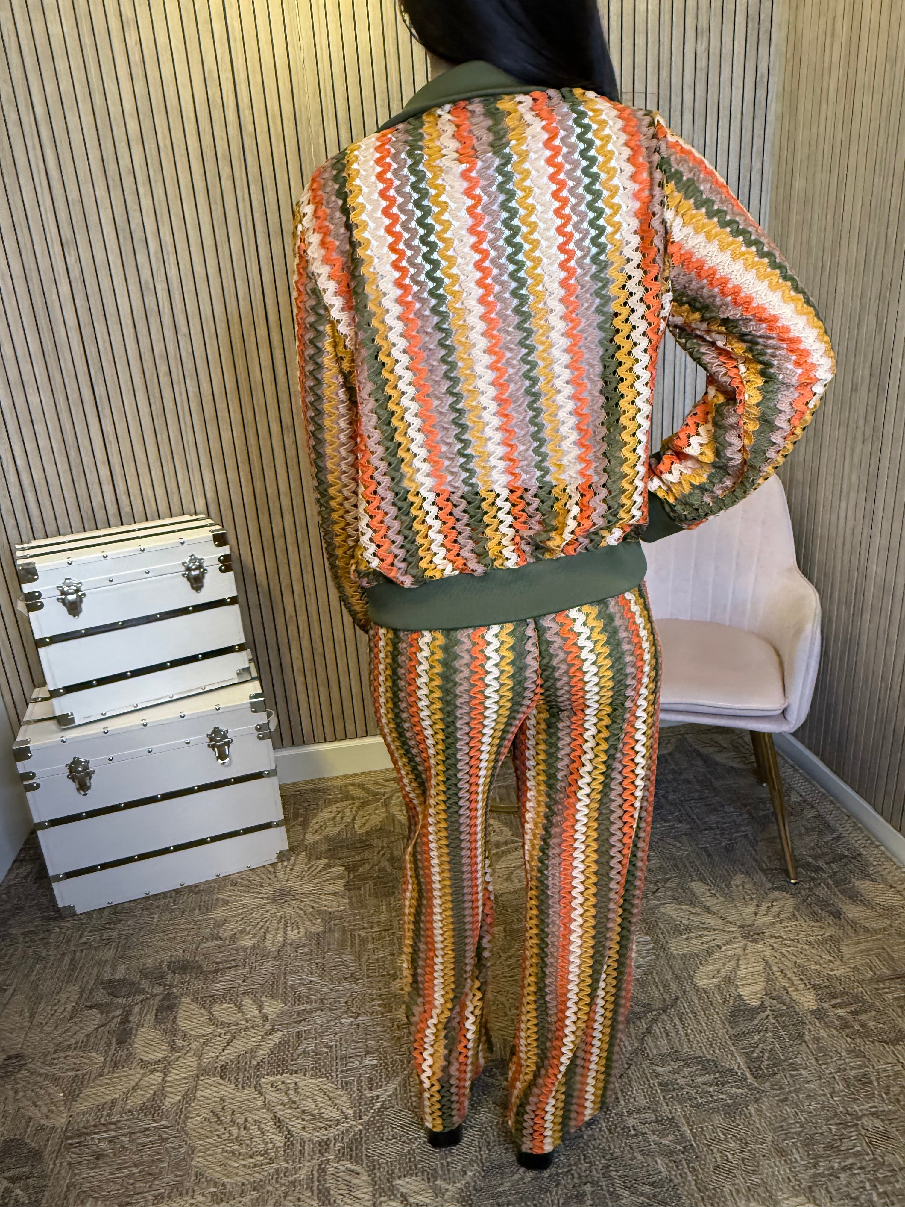 Women’s Multicolor Crochet Knit 2-Piece Set – Zip-Up Jacket & Wide Leg Pants