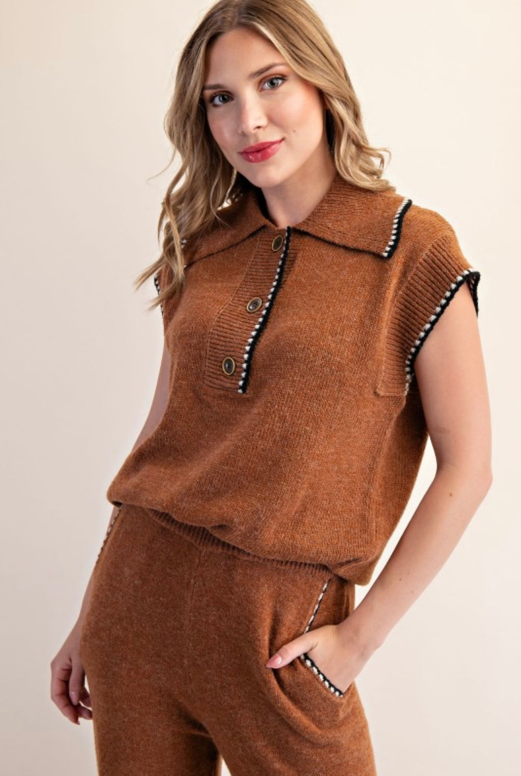 Camel Knit Polo Top