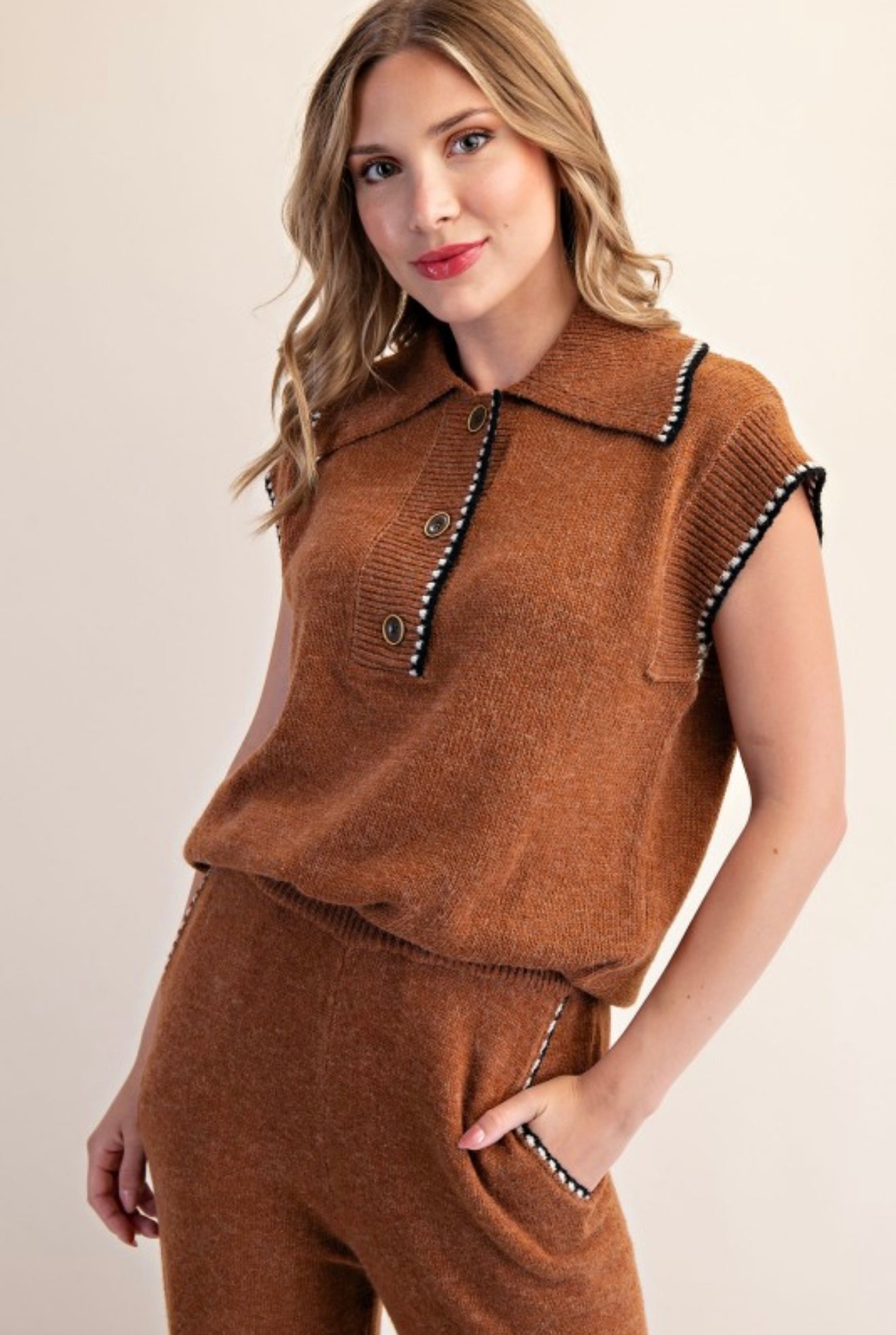 Camel Knit Polo Top