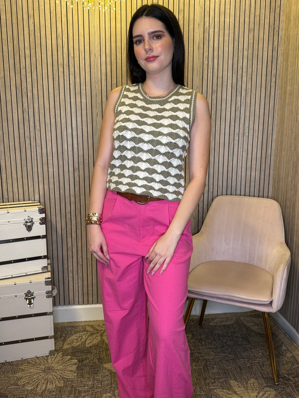 Women’s High Waist Wide Leg Pants – Cream, Fuchsia & Blue