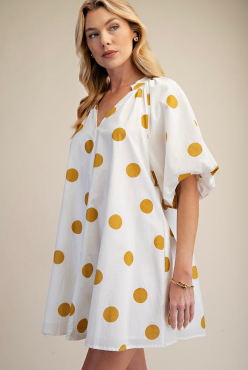 Mustard Polka Dot Mini Dress – Lightweight Puff Sleeve Babydoll Dress