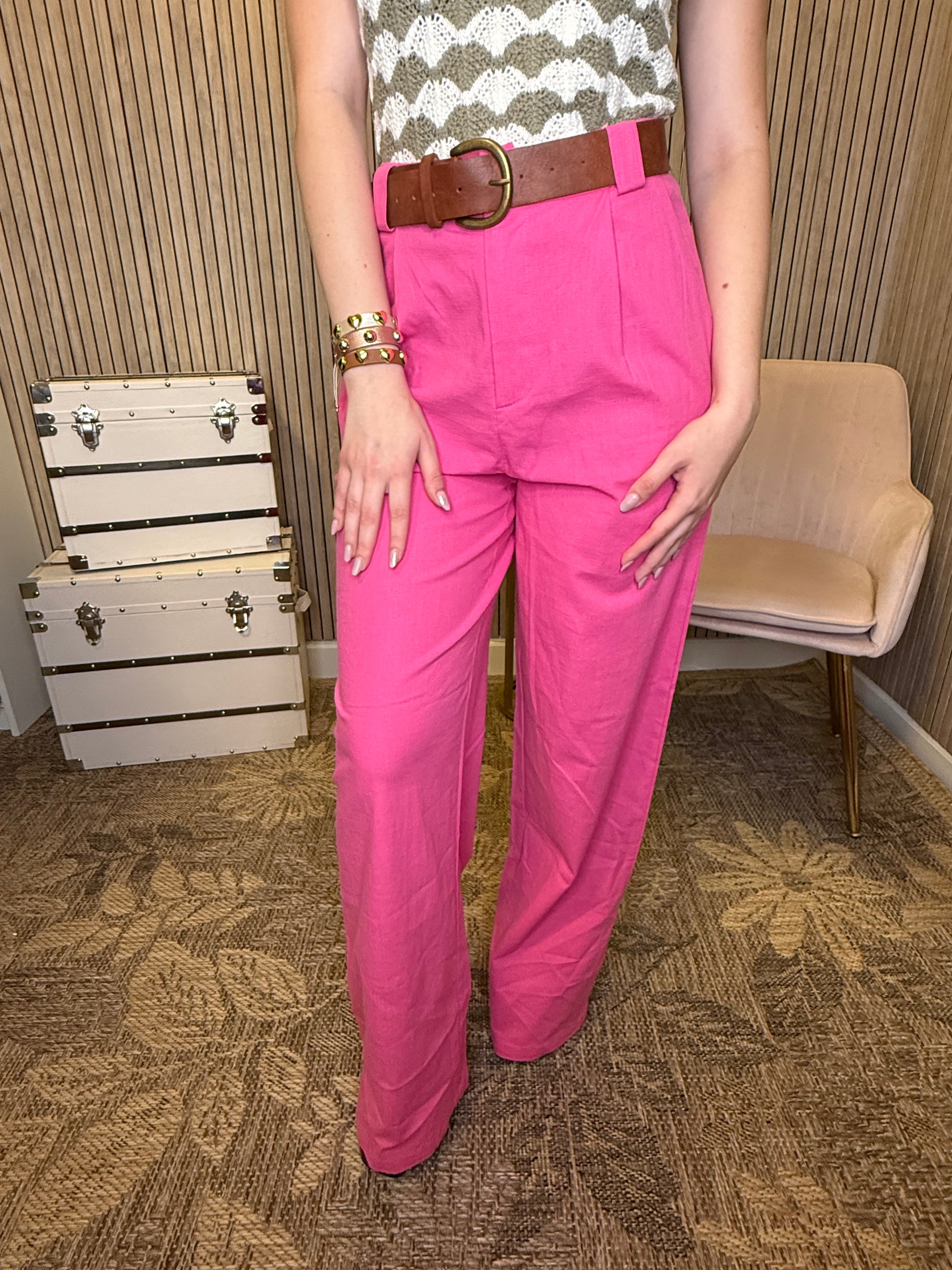 Women’s High Waist Wide Leg Pants – Cream, Fuchsia & Blue