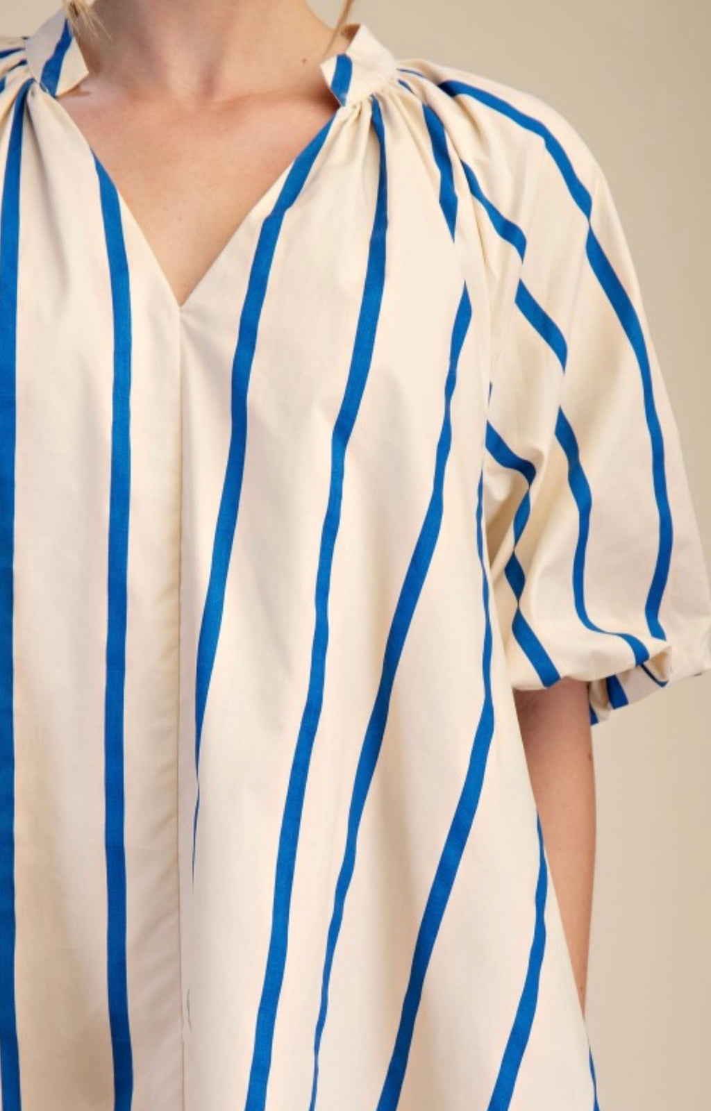 Cream & Blue Striped Puff Sleeve Mini Dress | Relaxed Fit With Pockets