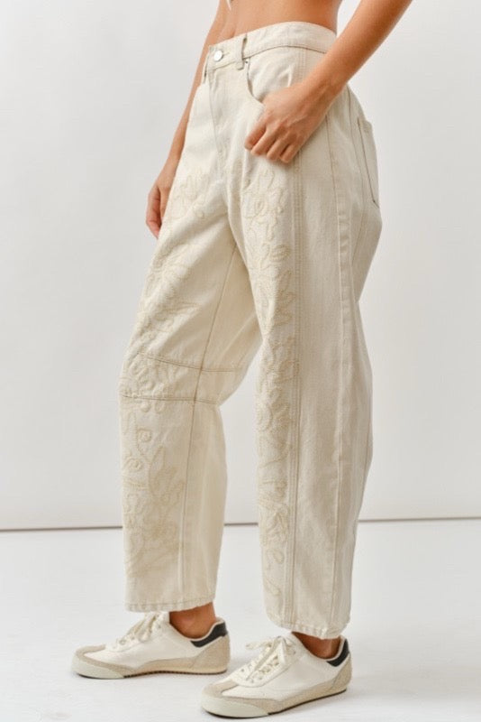 Cream Floral Embroidered Wide Leg Pants