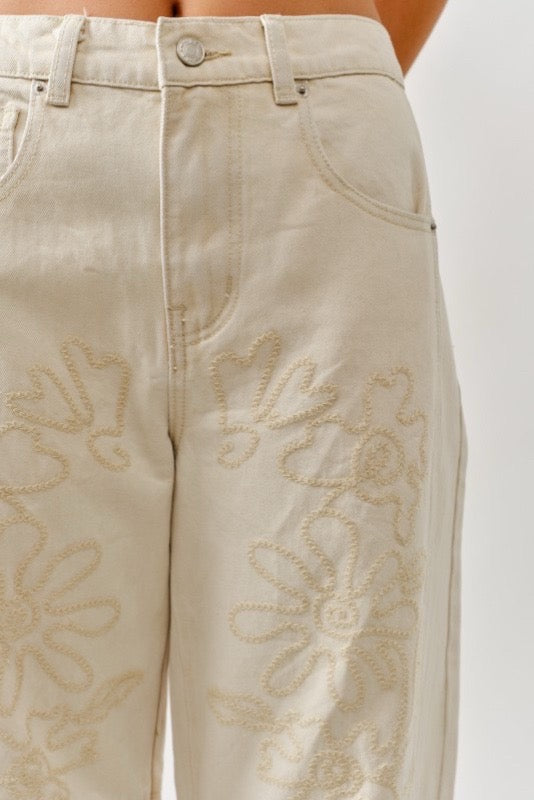 Cream Floral Embroidered Wide Leg Pants