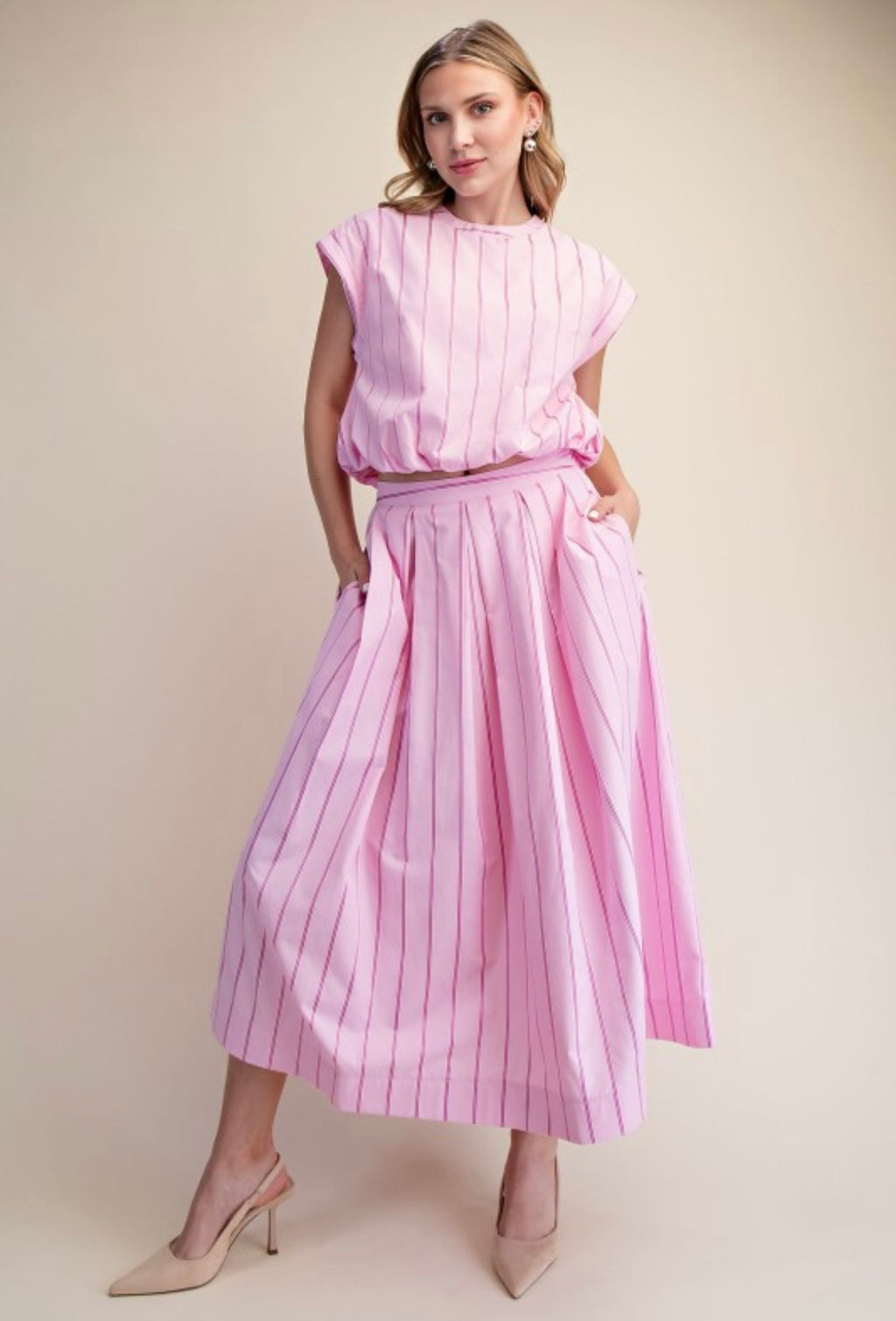 Pink Pinstripe Two-Piece Skirt Set | Bubble Hem Top & Midi Skirt