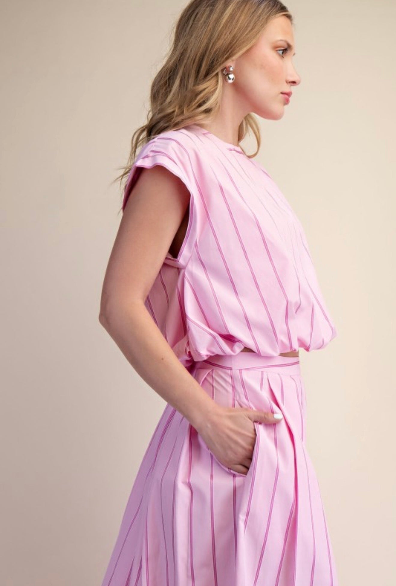 Pink Pinstripe Two-Piece Skirt Set | Bubble Hem Top & Midi Skirt