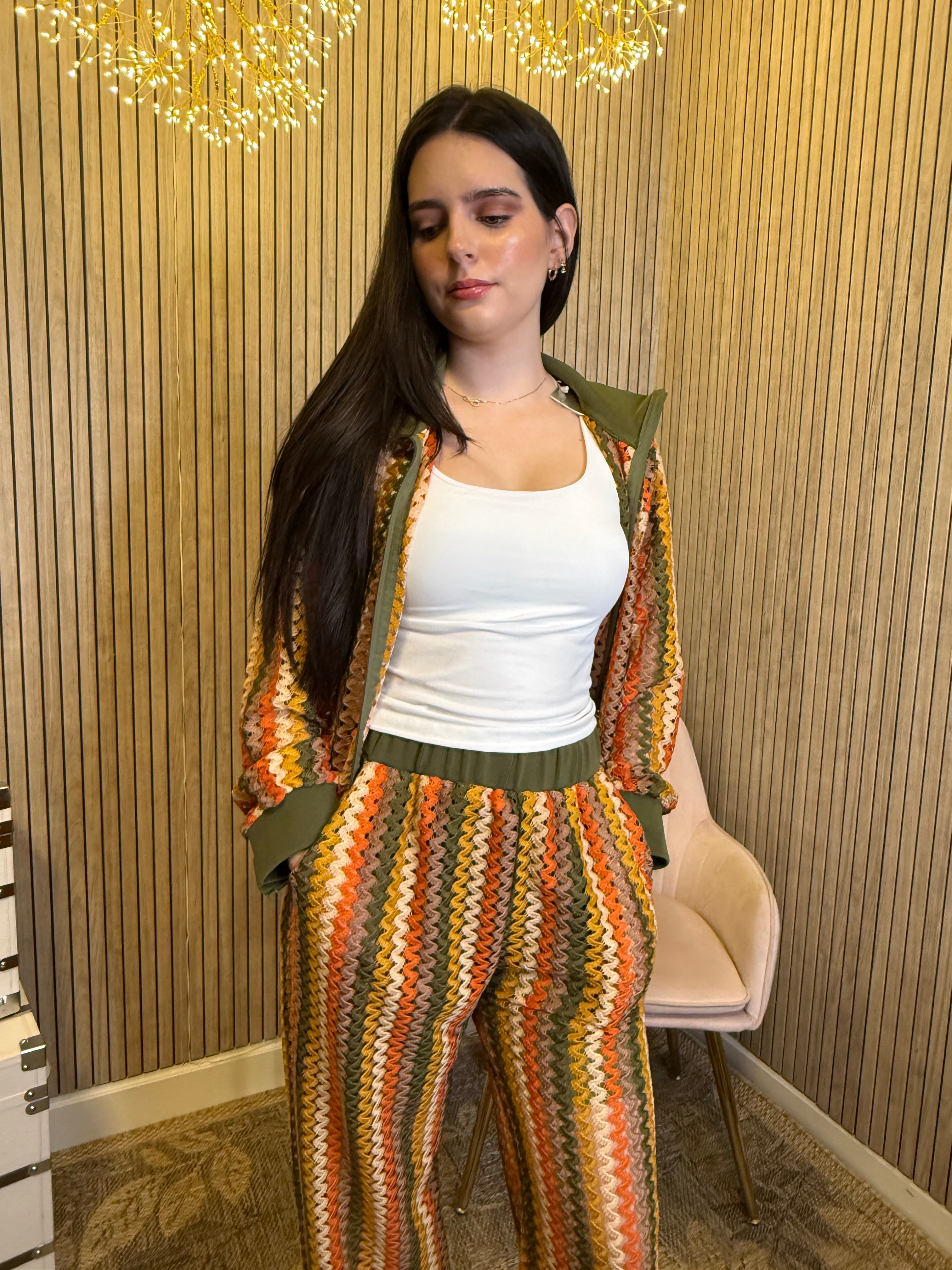 Women’s Multicolor Crochet Knit 2-Piece Set – Zip-Up Jacket & Wide Leg Pants