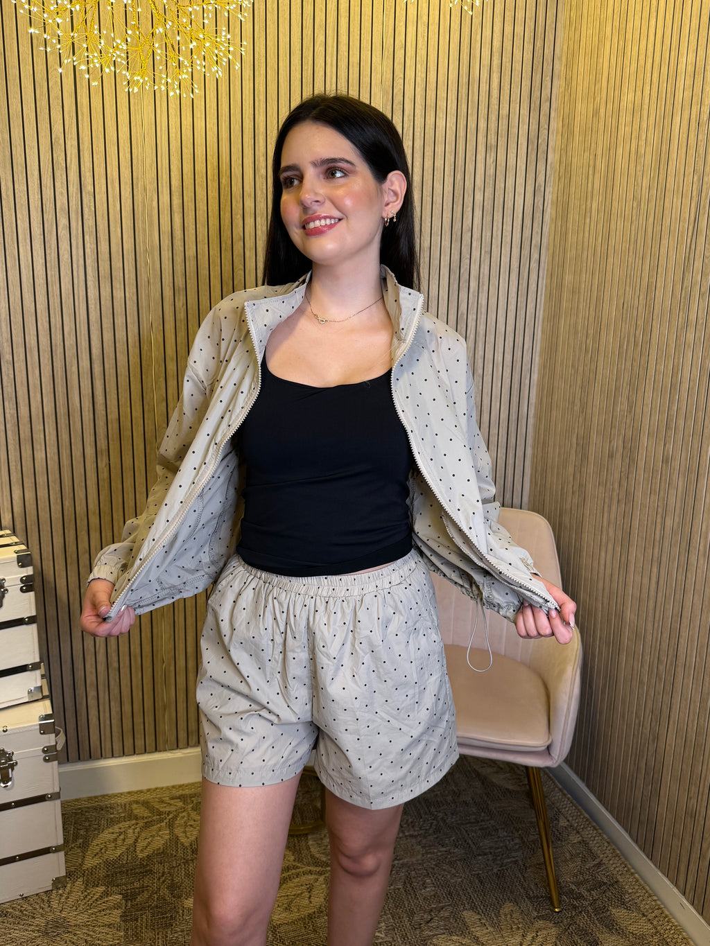 Women’s Gray Polka Dot Zip-Up Jacket & Shorts 2-Piece Set