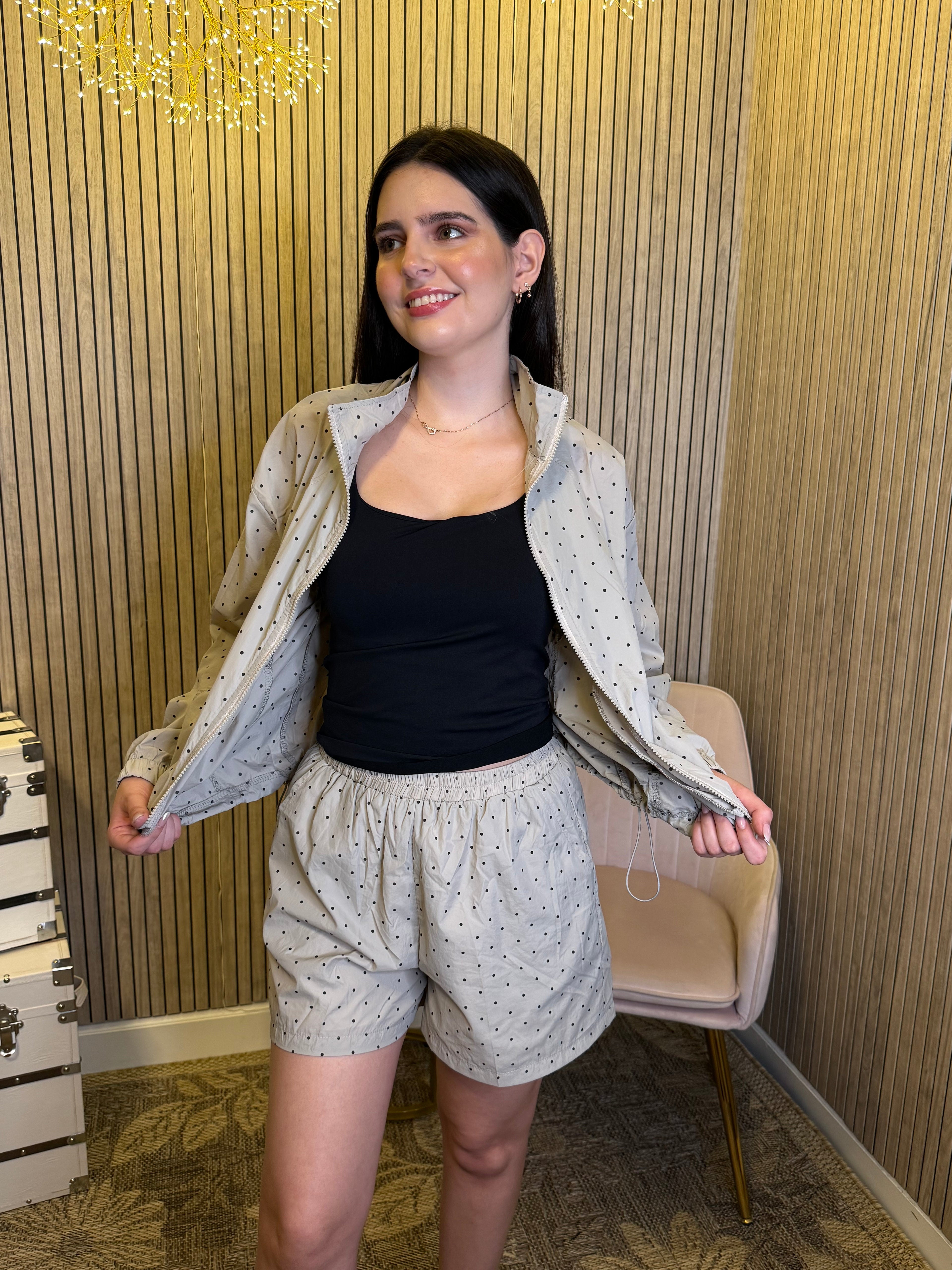 Women’s Gray Polka Dot Zip-Up Jacket & Shorts 2-Piece Set
