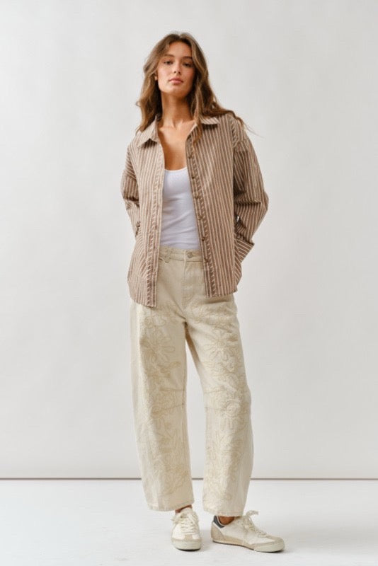 Cream Floral Embroidered Wide Leg Pants