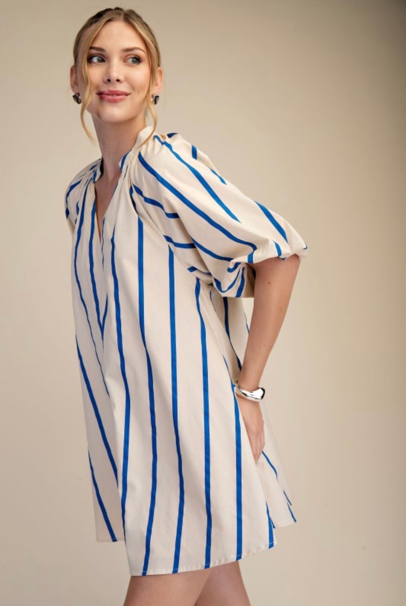 Cream & Blue Striped Puff Sleeve Mini Dress | Relaxed Fit With Pockets