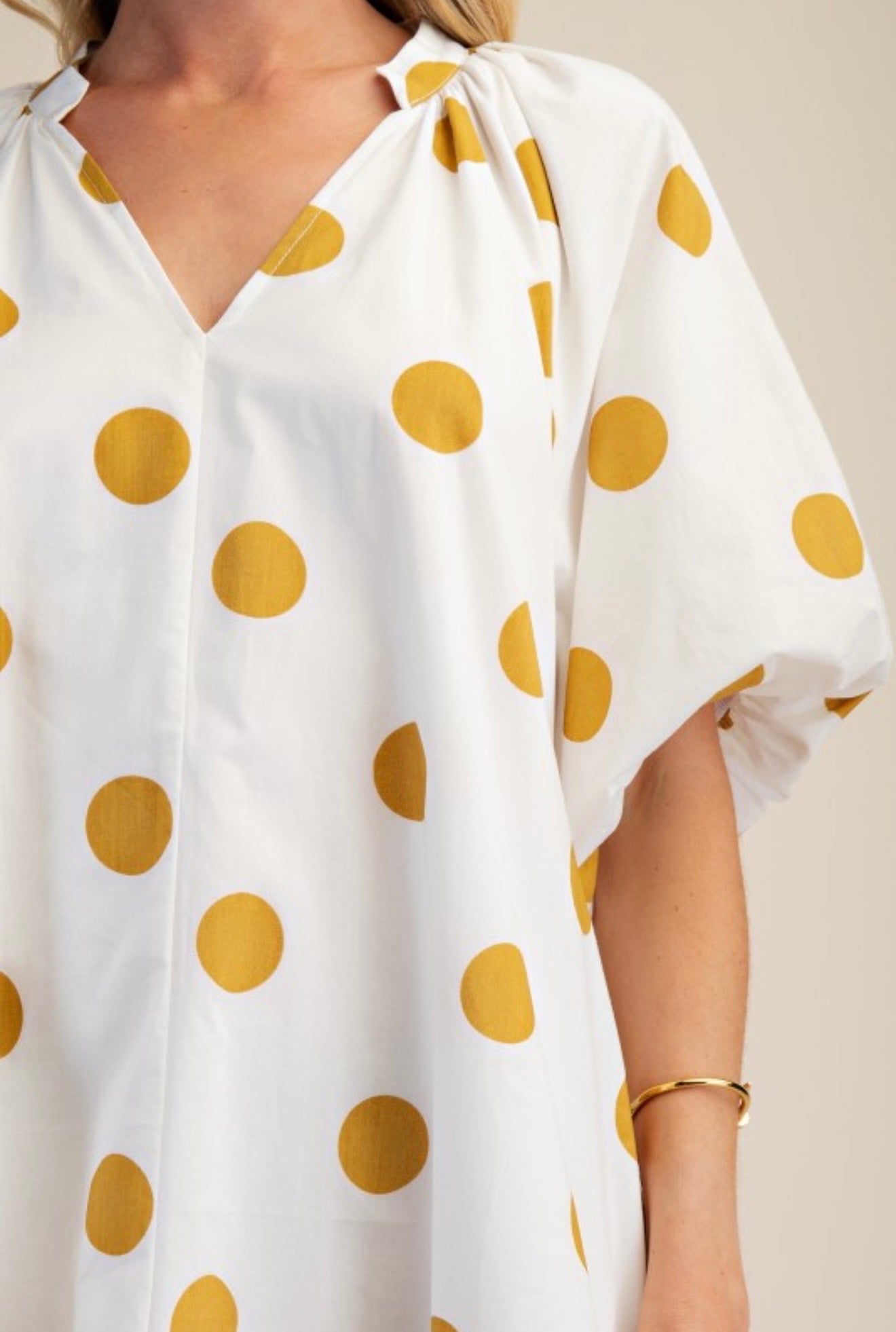 Mustard Polka Dot Mini Dress – Lightweight Puff Sleeve Babydoll Dress