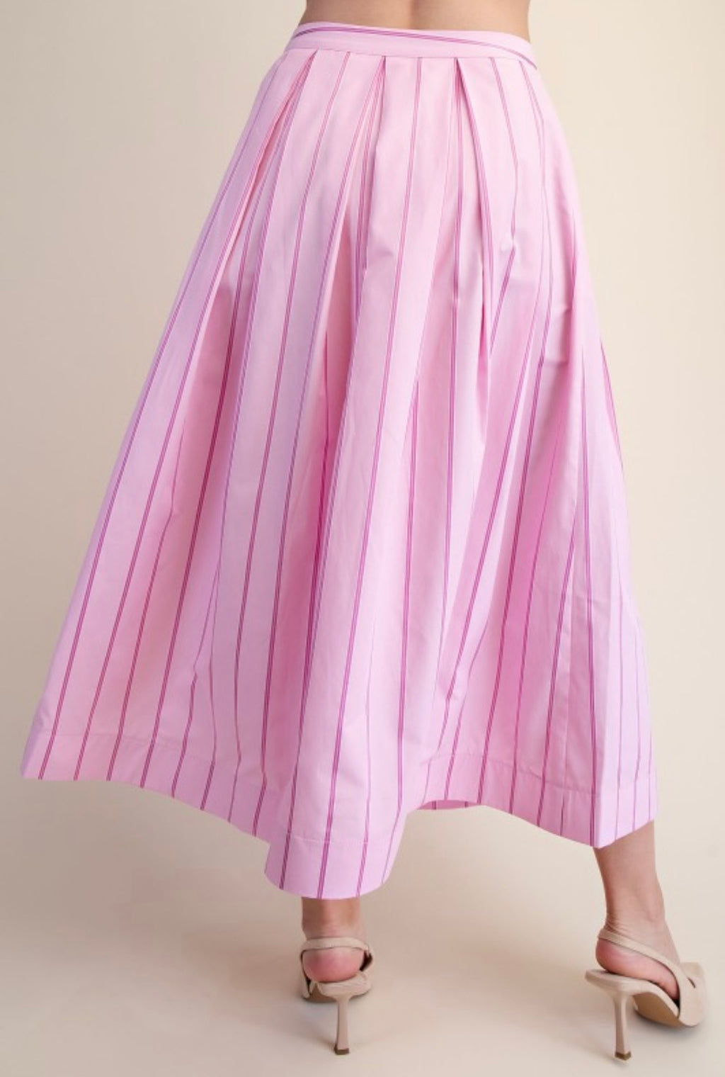 Pink Pinstripe Two-Piece Skirt Set | Bubble Hem Top & Midi Skirt