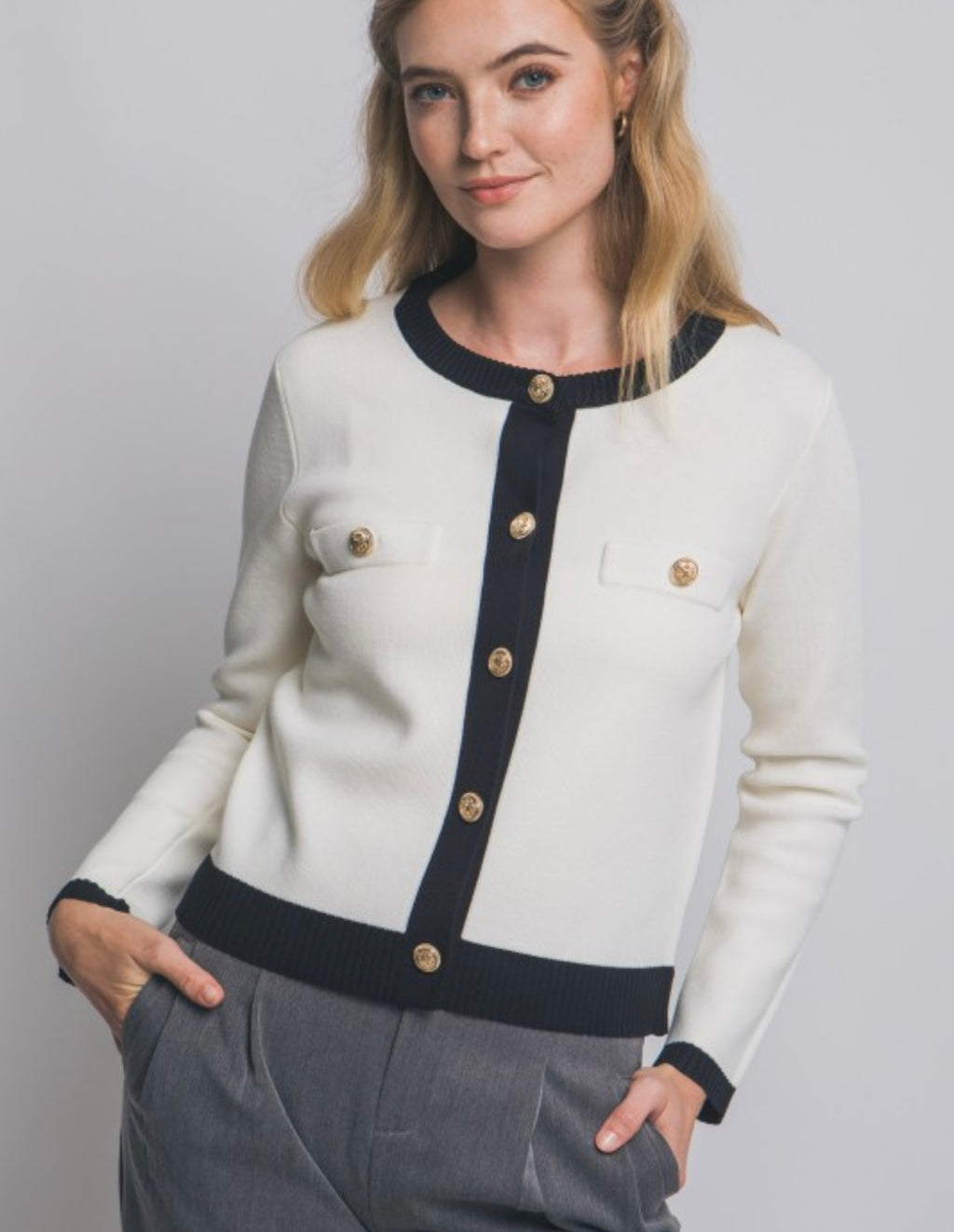 Ivory Contrast Knit Cardigan