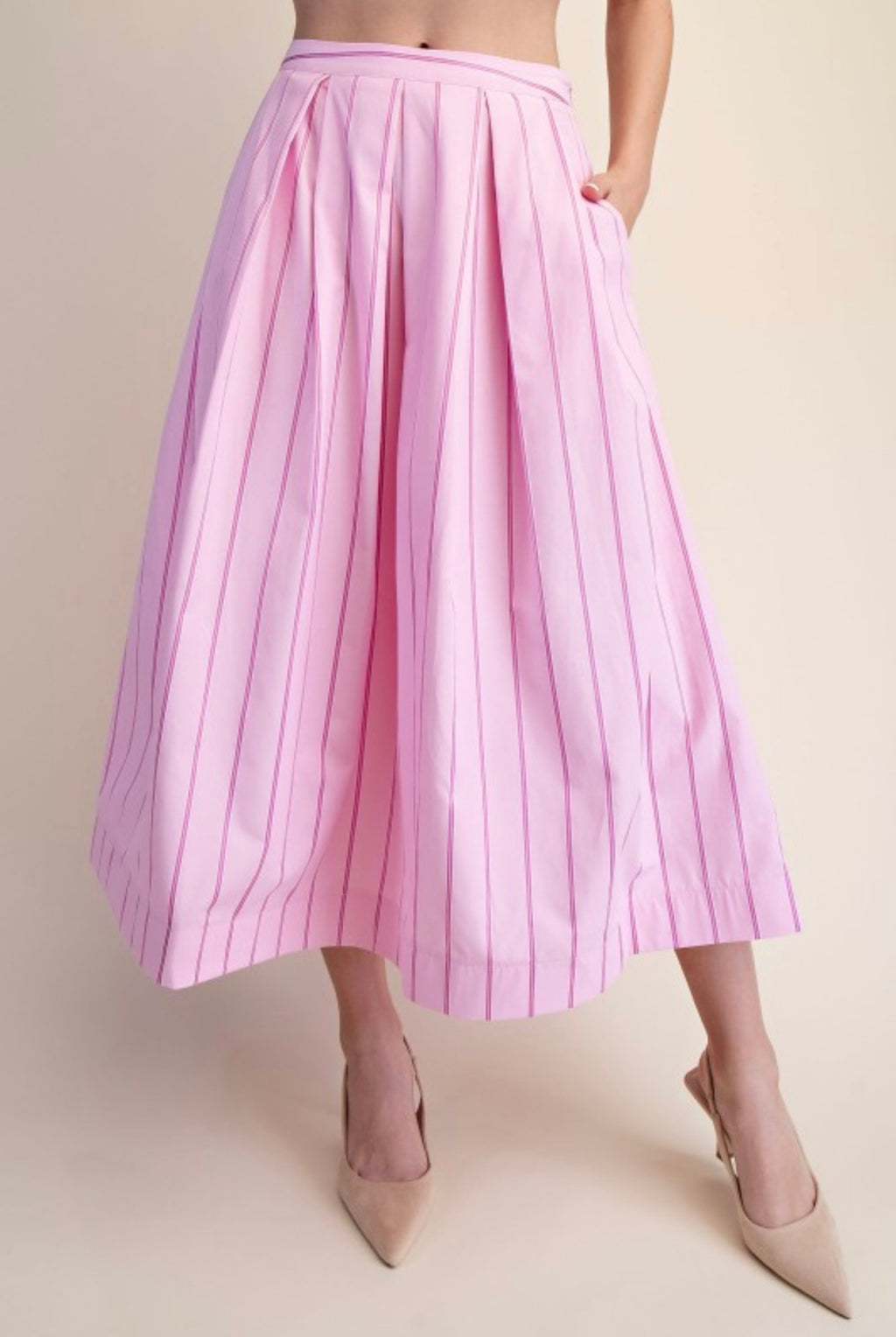 Pink Pinstripe Two-Piece Skirt Set | Bubble Hem Top & Midi Skirt