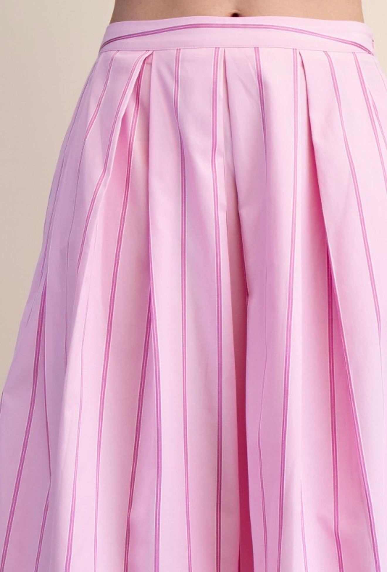 Pink Pinstripe Two-Piece Skirt Set | Bubble Hem Top & Midi Skirt