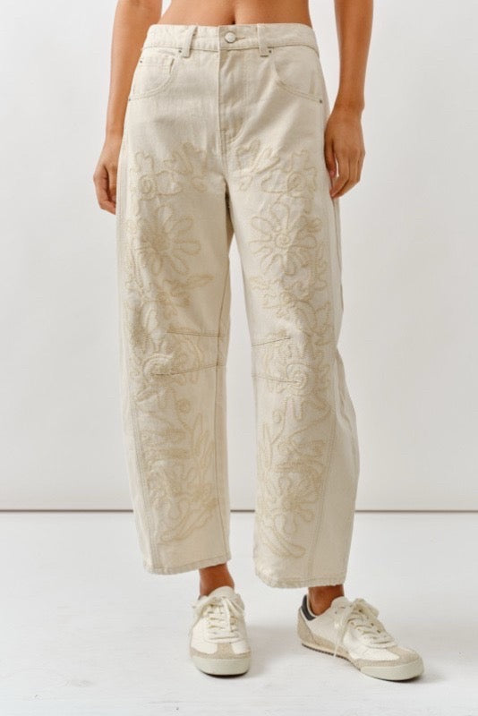 Cream Floral Embroidered Wide Leg Pants