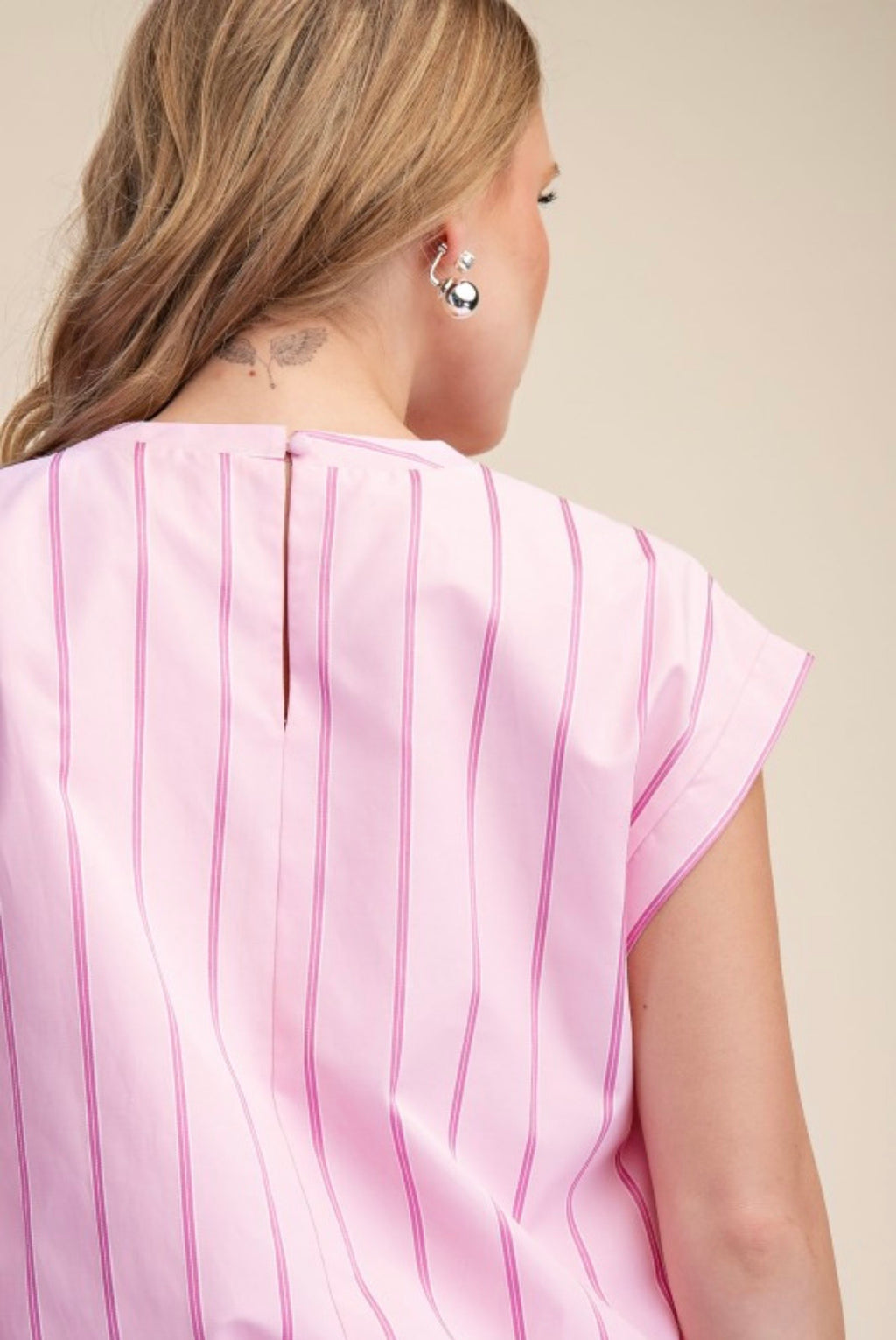 Pink Pinstripe Two-Piece Skirt Set | Bubble Hem Top & Midi Skirt