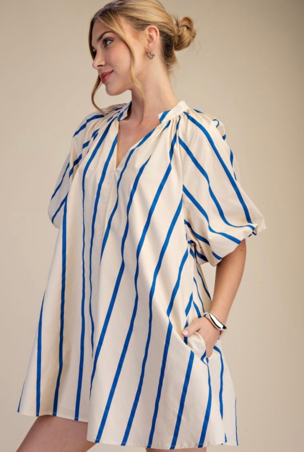 Cream & Blue Striped Puff Sleeve Mini Dress | Relaxed Fit With Pockets
