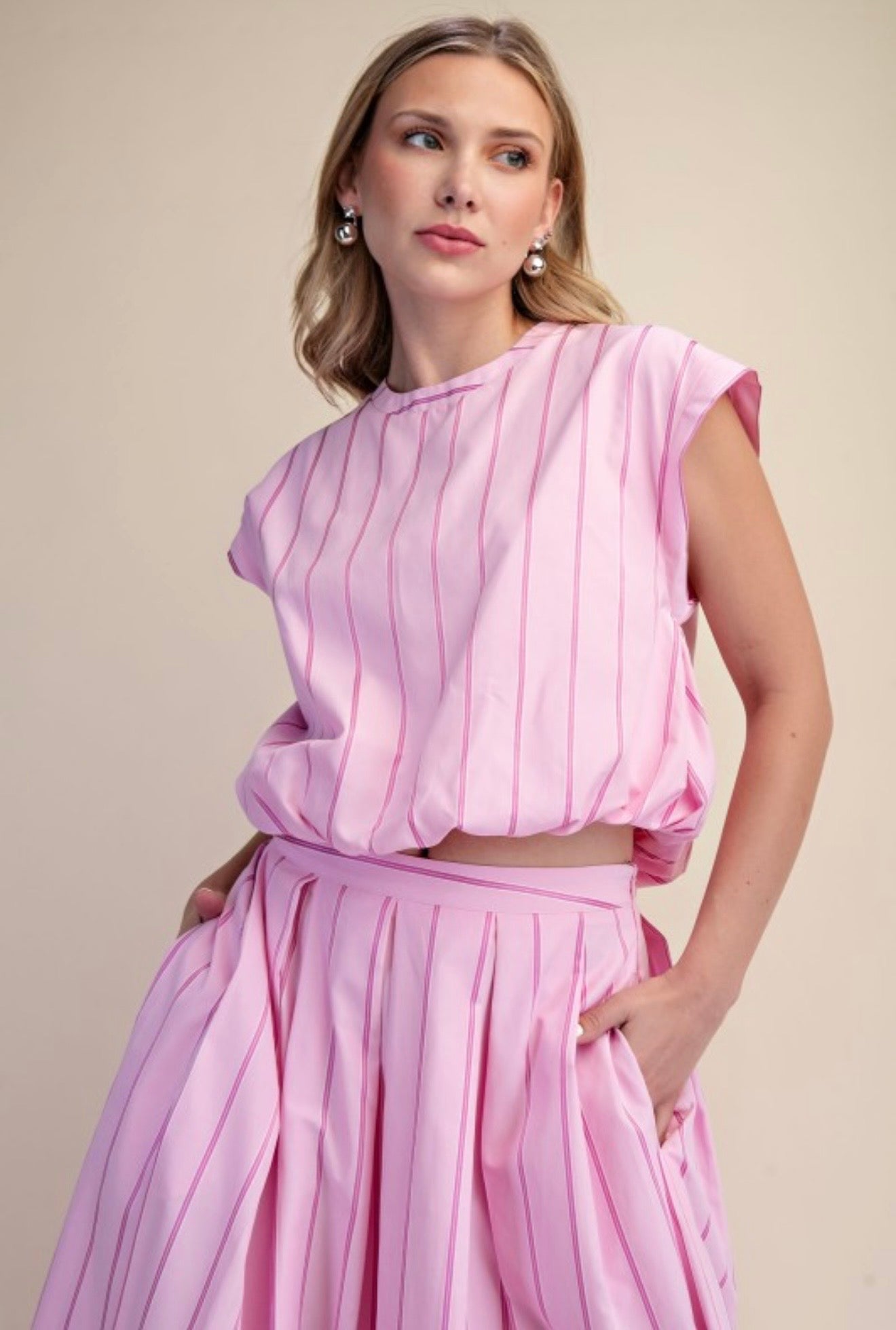 Pink Pinstripe Two-Piece Skirt Set | Bubble Hem Top & Midi Skirt