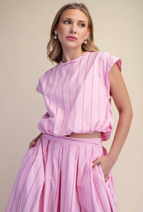 Pink Pinstripe Two-Piece Skirt Set | Bubble Hem Top & Midi Skirt