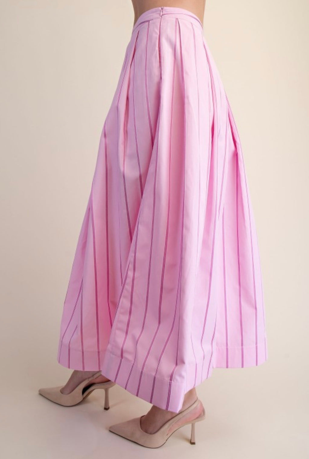 Pink Pinstripe Two-Piece Skirt Set | Bubble Hem Top & Midi Skirt