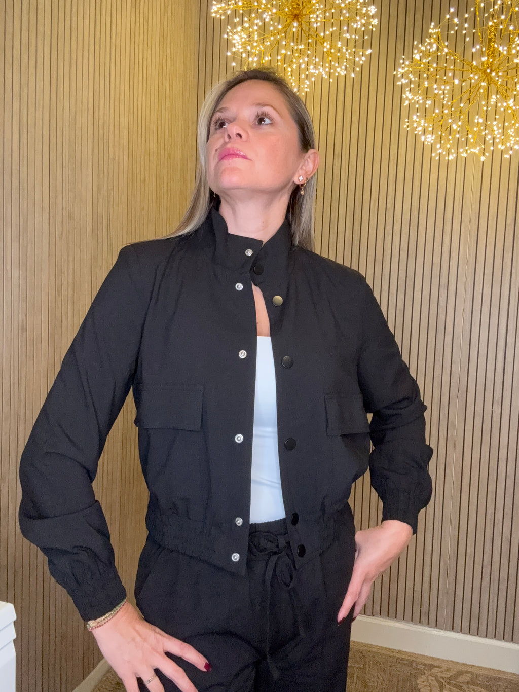 Women’s Black 2 Piece Tracksuit Set Snap Button Jacket & Jogger Pants