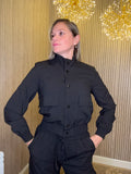 Women’s Black 2 Piece Tracksuit Set Snap Button Jacket & Jogger Pants