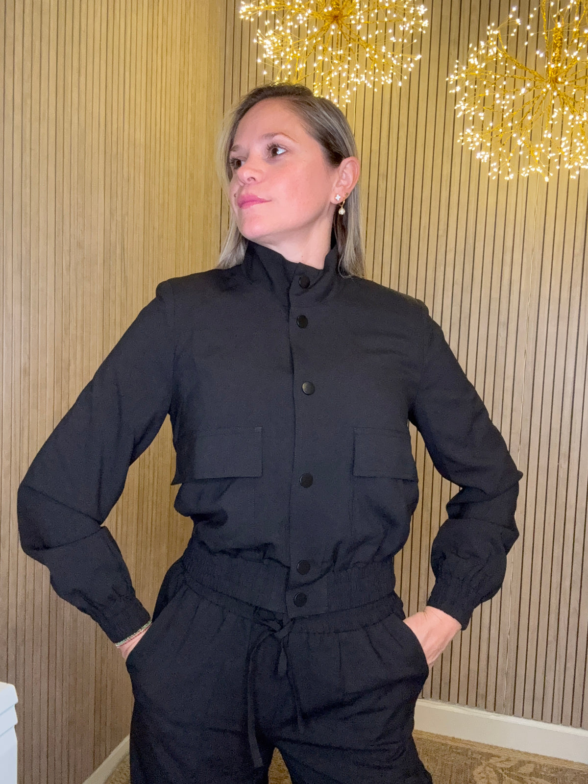 Women’s Black 2 Piece Tracksuit Set Snap Button Jacket & Jogger Pants