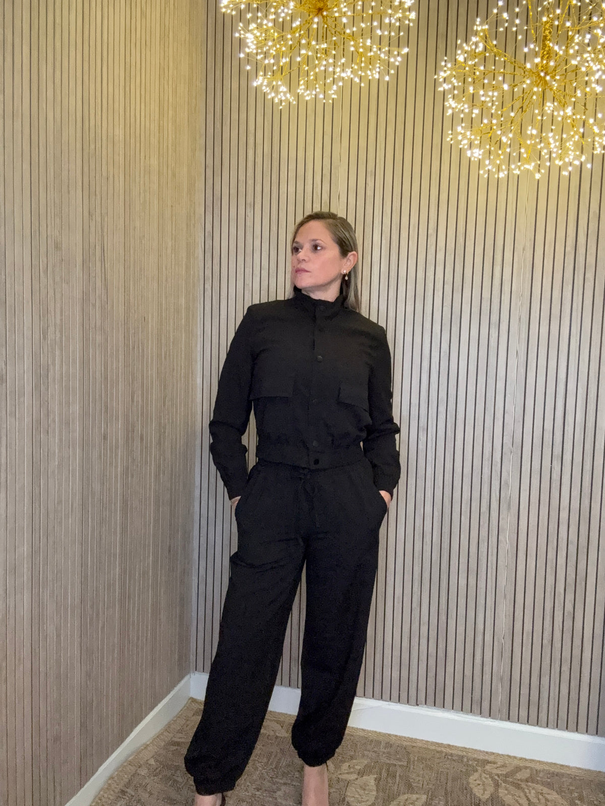 Women’s Black 2 Piece Tracksuit Set Snap Button Jacket & Jogger Pants
