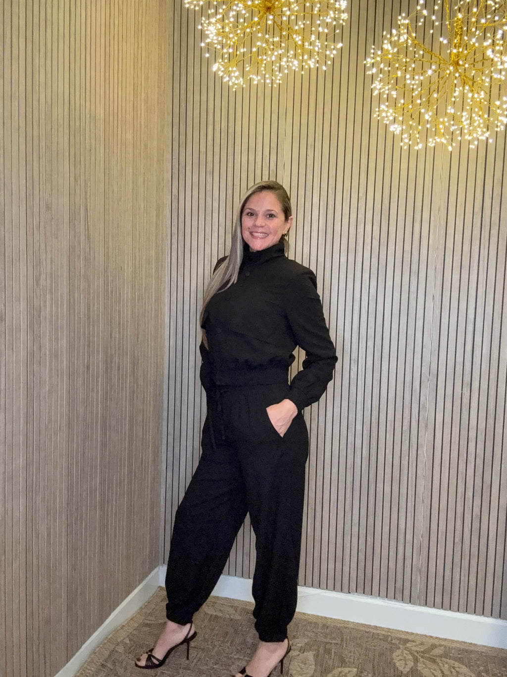 Women’s Black 2 Piece Tracksuit Set Snap Button Jacket & Jogger Pants